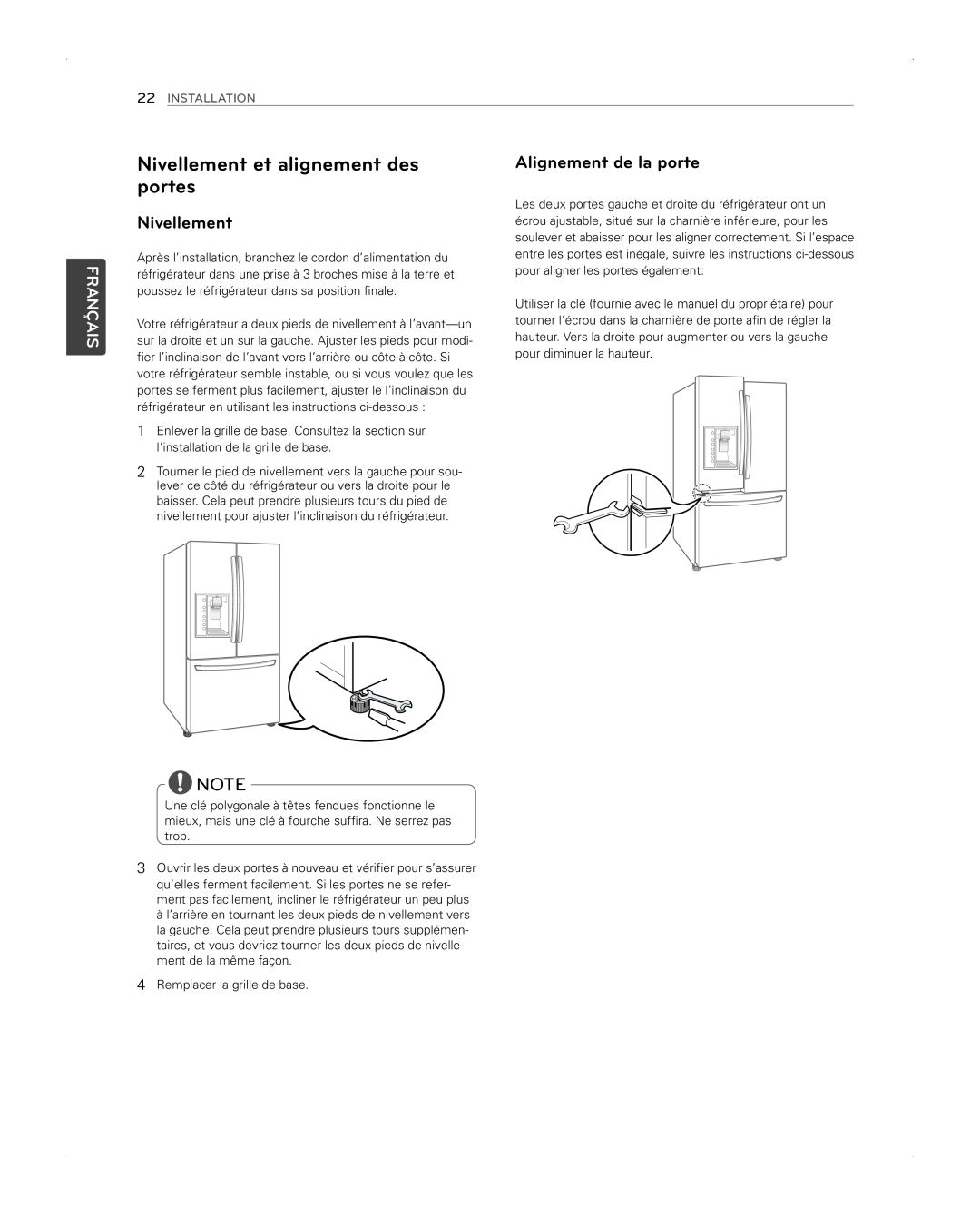 LG Electronics LFX31945ST owner manual Nivellement et alignement des portes, Alignement de la porte, Français, Installation 