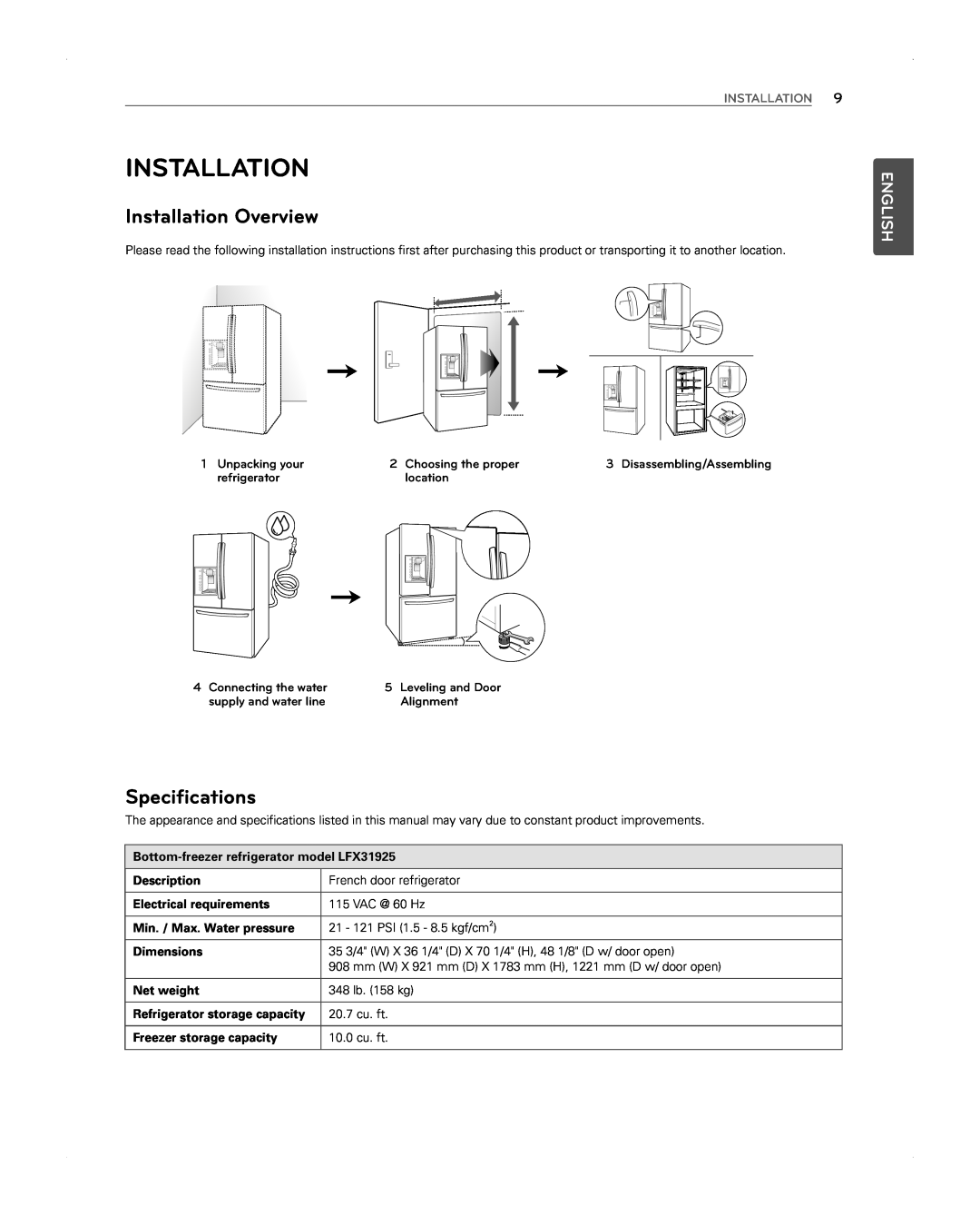 LG Electronics LFX31945ST Installation Overview, Specifications, English, Bottom-freezer refrigerator model LFX31925 