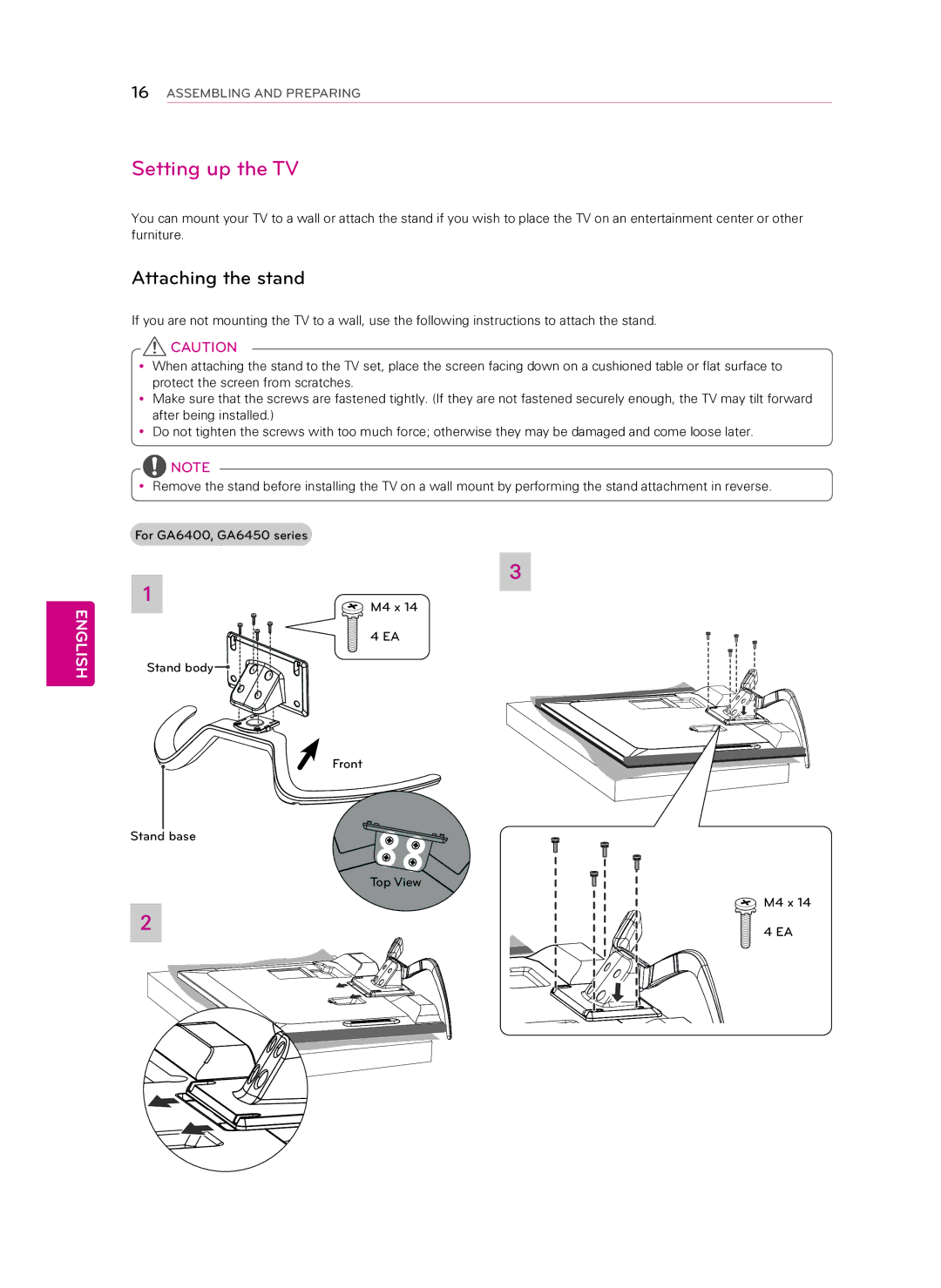 LG Electronics 55GA6400, LG 42GA6400, 50GA6400, 47GA7900, 47GA6400, 60GA6400, 55GA7900 Setting up the TV, Attaching the stand 