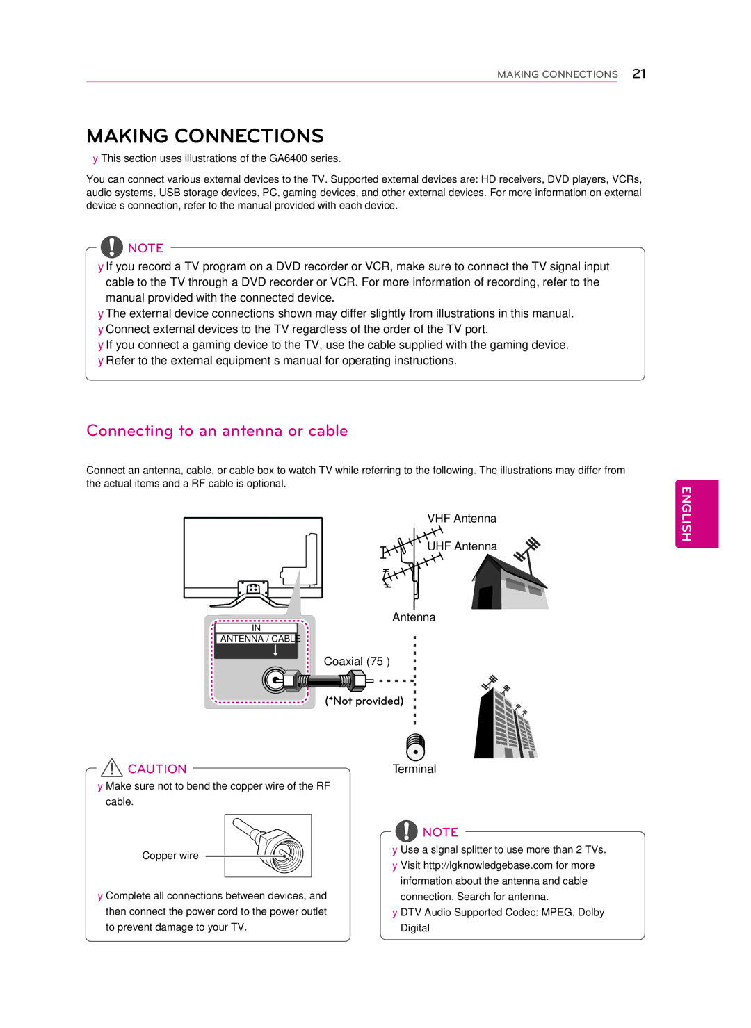 LG Electronics GA6400, GA7900 Making Connections, Connecting to an antenna or cable, VHF Antenna UHF Antenna, Coaxial 75Ω 