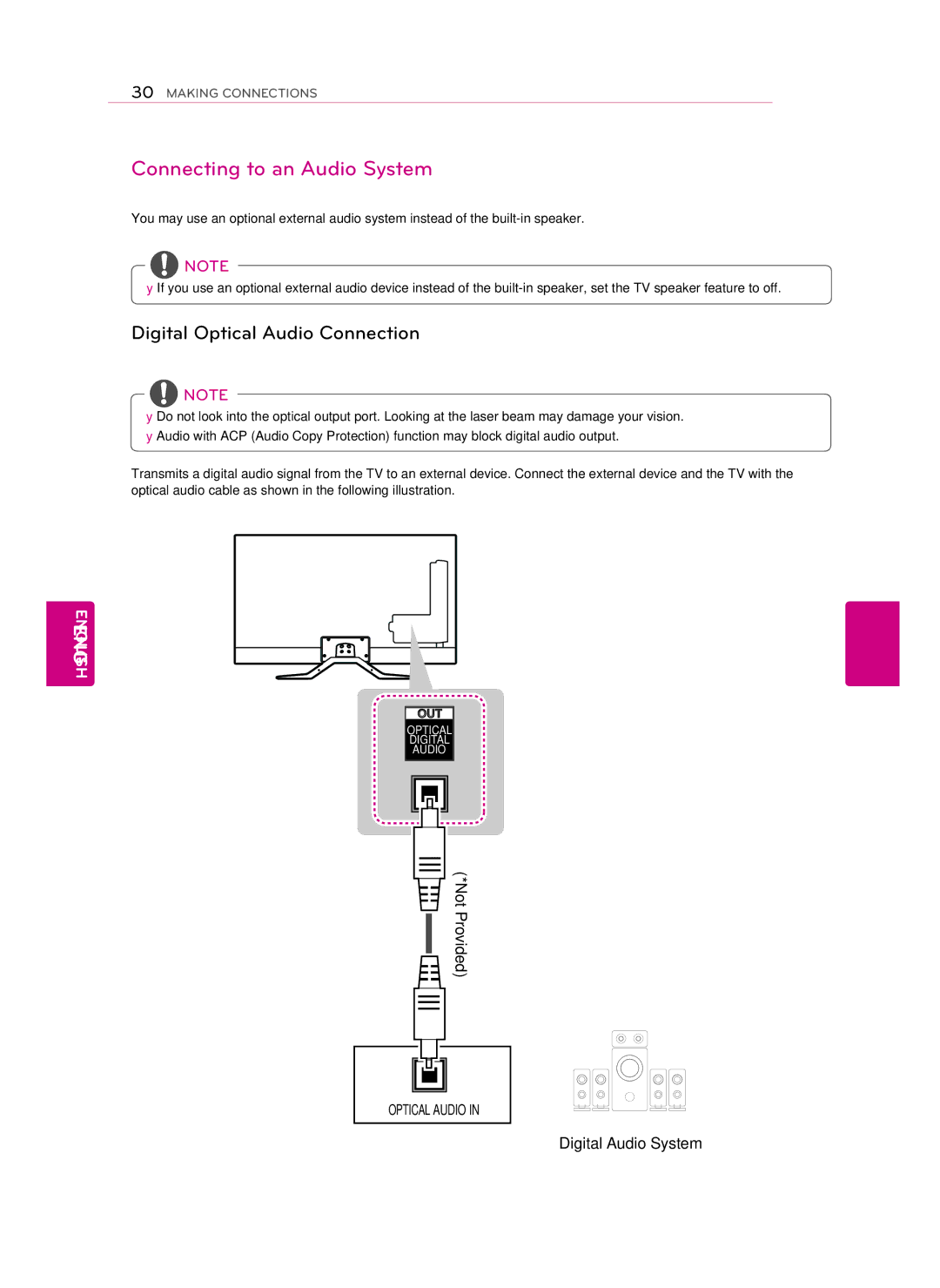 LG Electronics LG 42GA6400, 50GA6400, 47GA7900, 47GA6400 Connecting to an Audio System, Digital Optical Audio Connection 