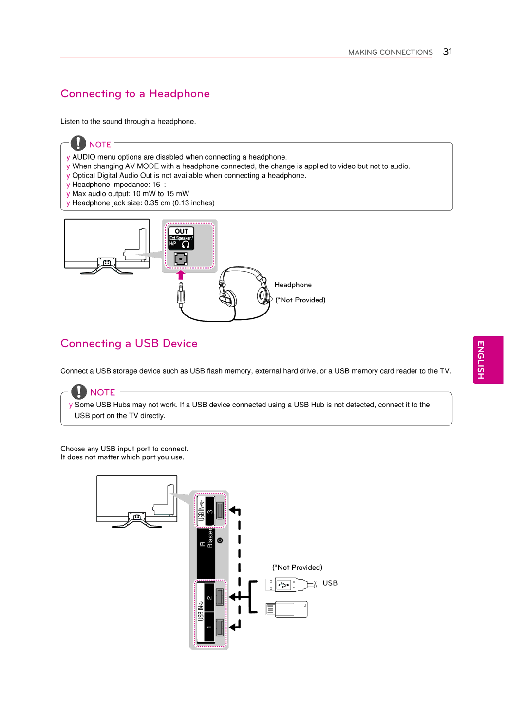 LG Electronics GA6450, LG 42GA6400, 50GA6400, 47GA7900, 47GA6400, 55GA6400 Connecting to a Headphone, Connecting a USB Device 