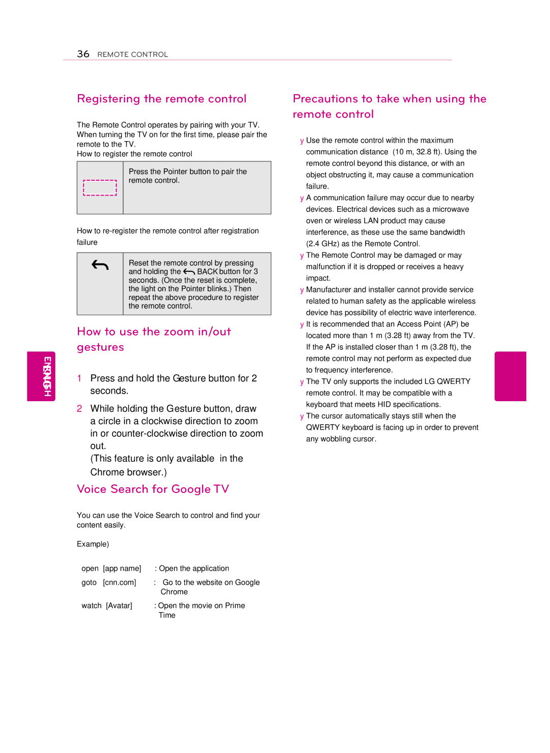 LG Electronics 47GA7900 Registering the remote control, How to use the zoom in/out gestures, Voice Search for Google TV 