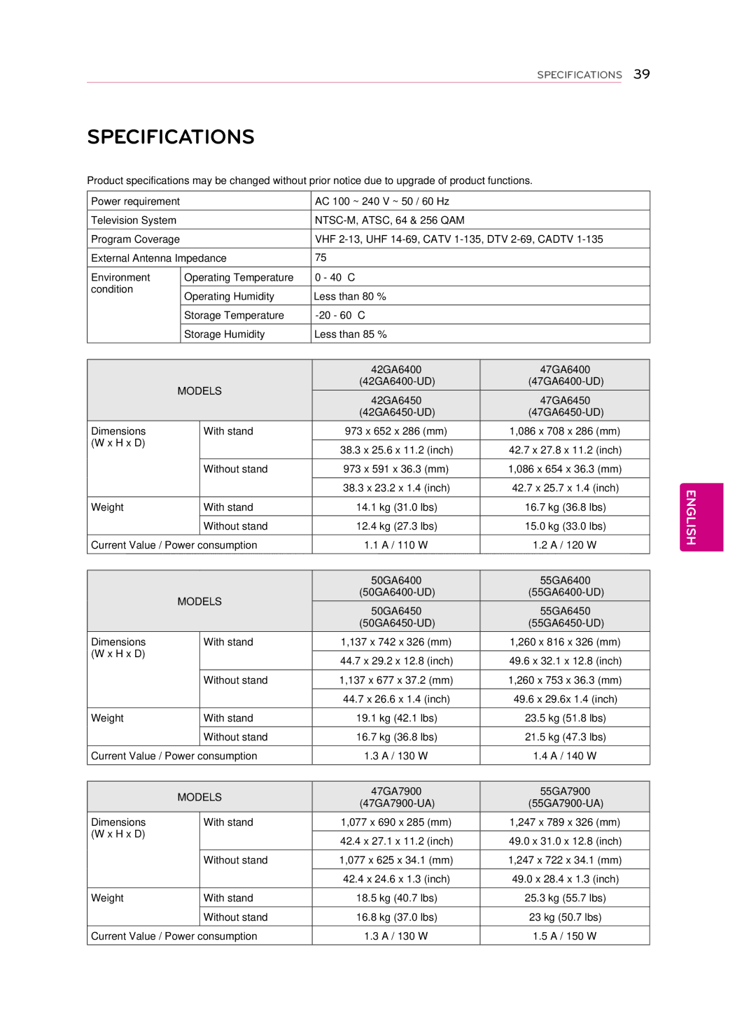 LG Electronics 60GA6400, LG 42GA6400, 50GA6400, 47GA7900, 47GA6400, 55GA6400, 55GA7900, GA6450 owner manual Specifications, Models 