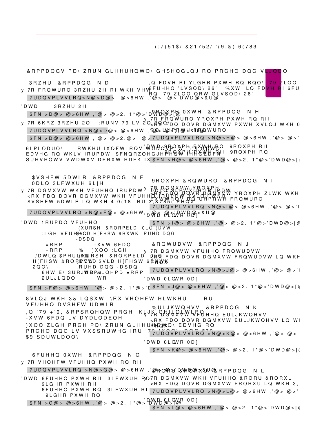 LG Electronics 60GA6400 Volume Mute Command k e, Aspect Ratio Command k c Main Picture Size, Volume Control Command k f 