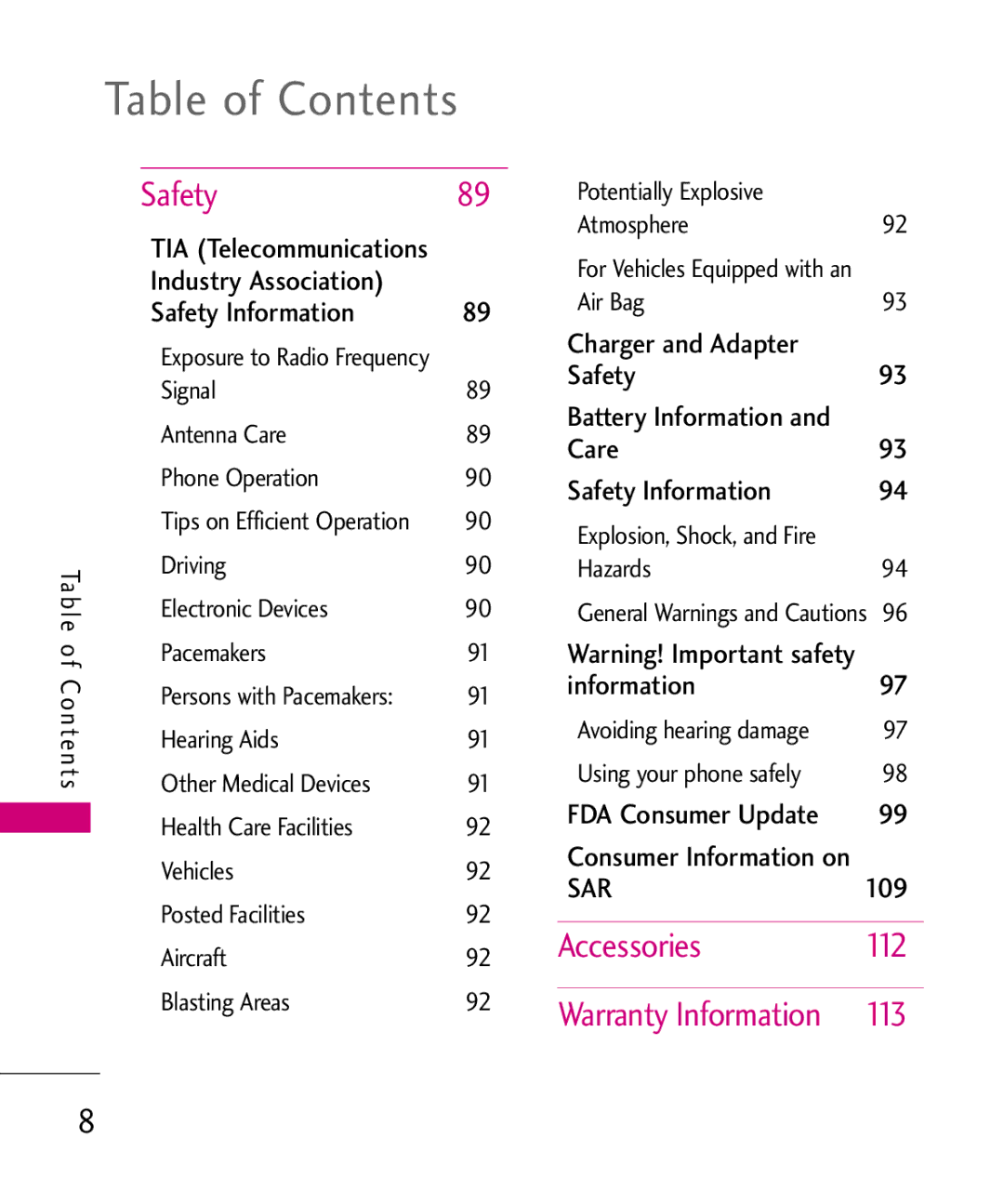 LG Electronics LG 8550 manual Safety, Accessories, Warranty Information 