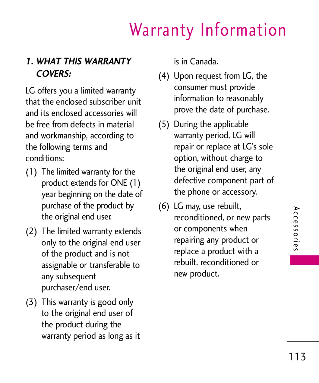 LG Electronics LG 8550 manual Warranty Information, Is in Canada 