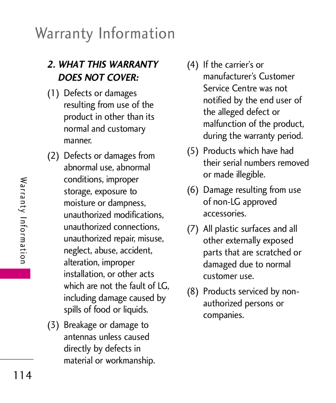 LG Electronics LG 8550 manual Warranty Information 