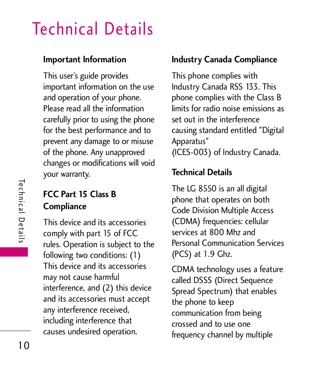 LG Electronics LG 8550 manual Important Information, Compliance, FCC Part 15 Class B, Technical Details 