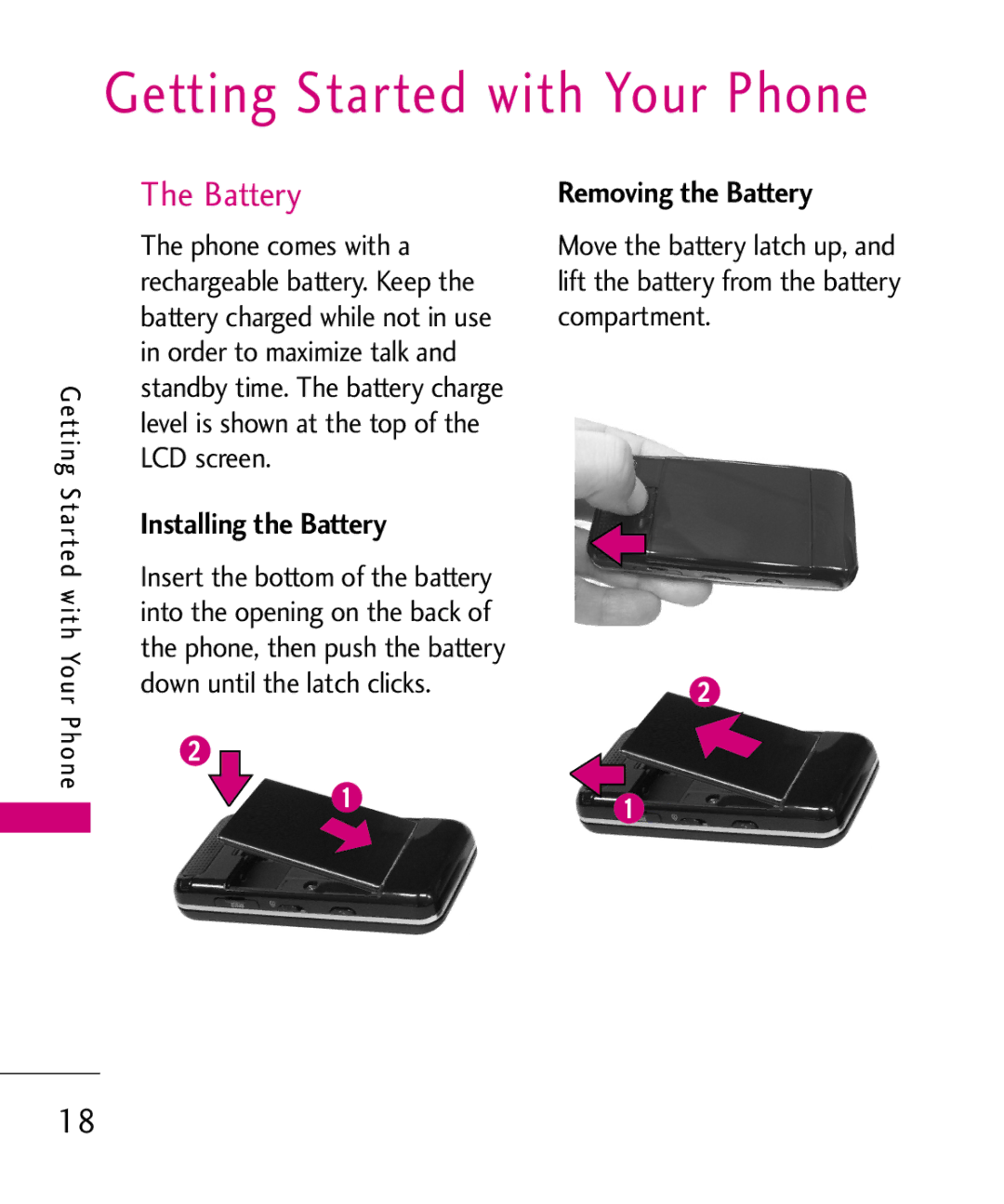 LG Electronics LG 8550 manual Installing the Battery, Removing the Battery 