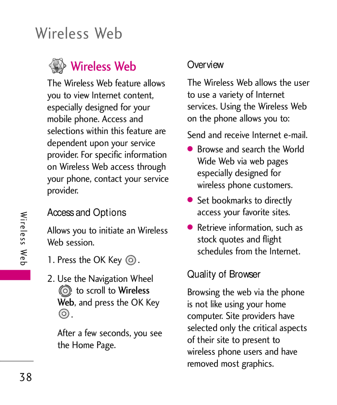 LG Electronics LG 8550 manual Wireless Web, Overview, Quality of Browser 