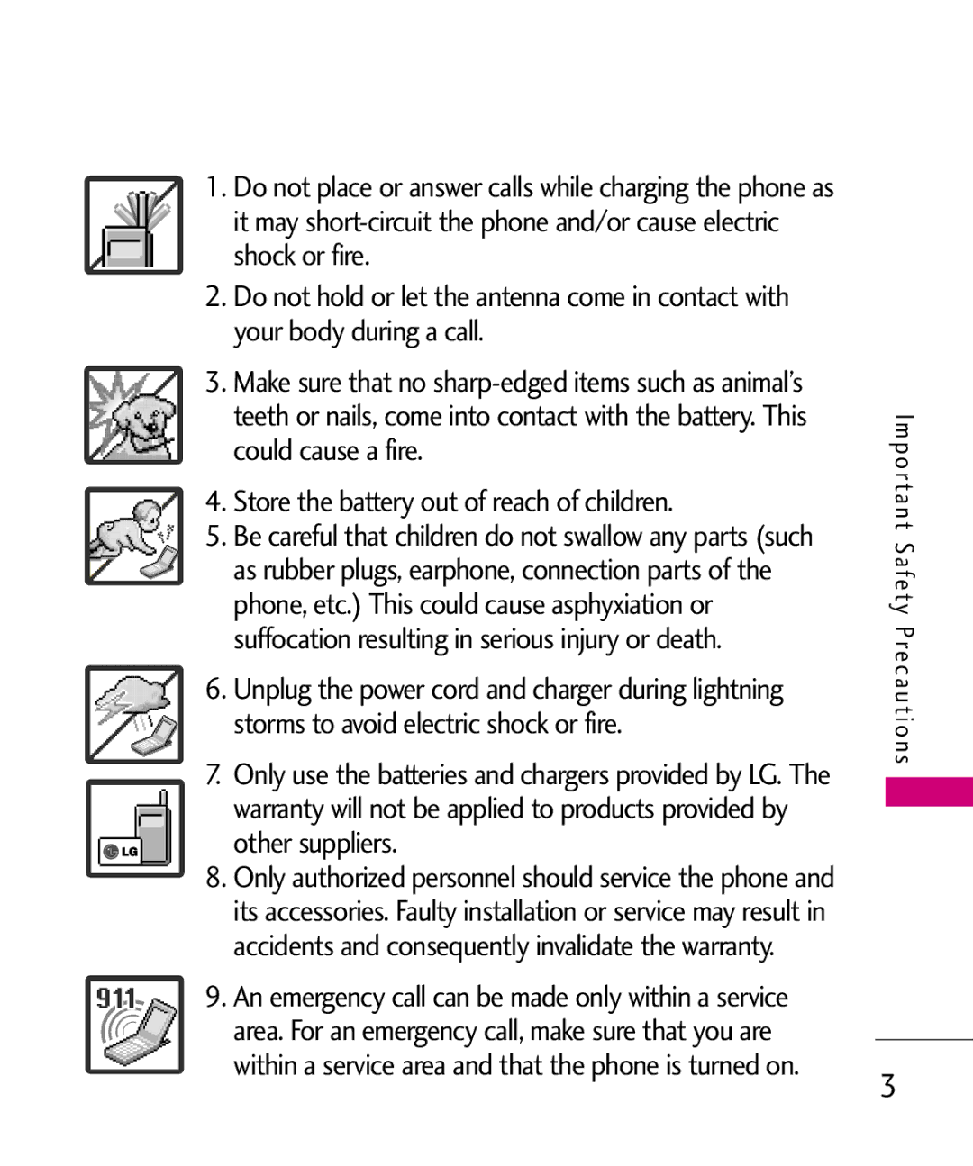 LG Electronics LG 8550 manual Store the battery out of reach of children 