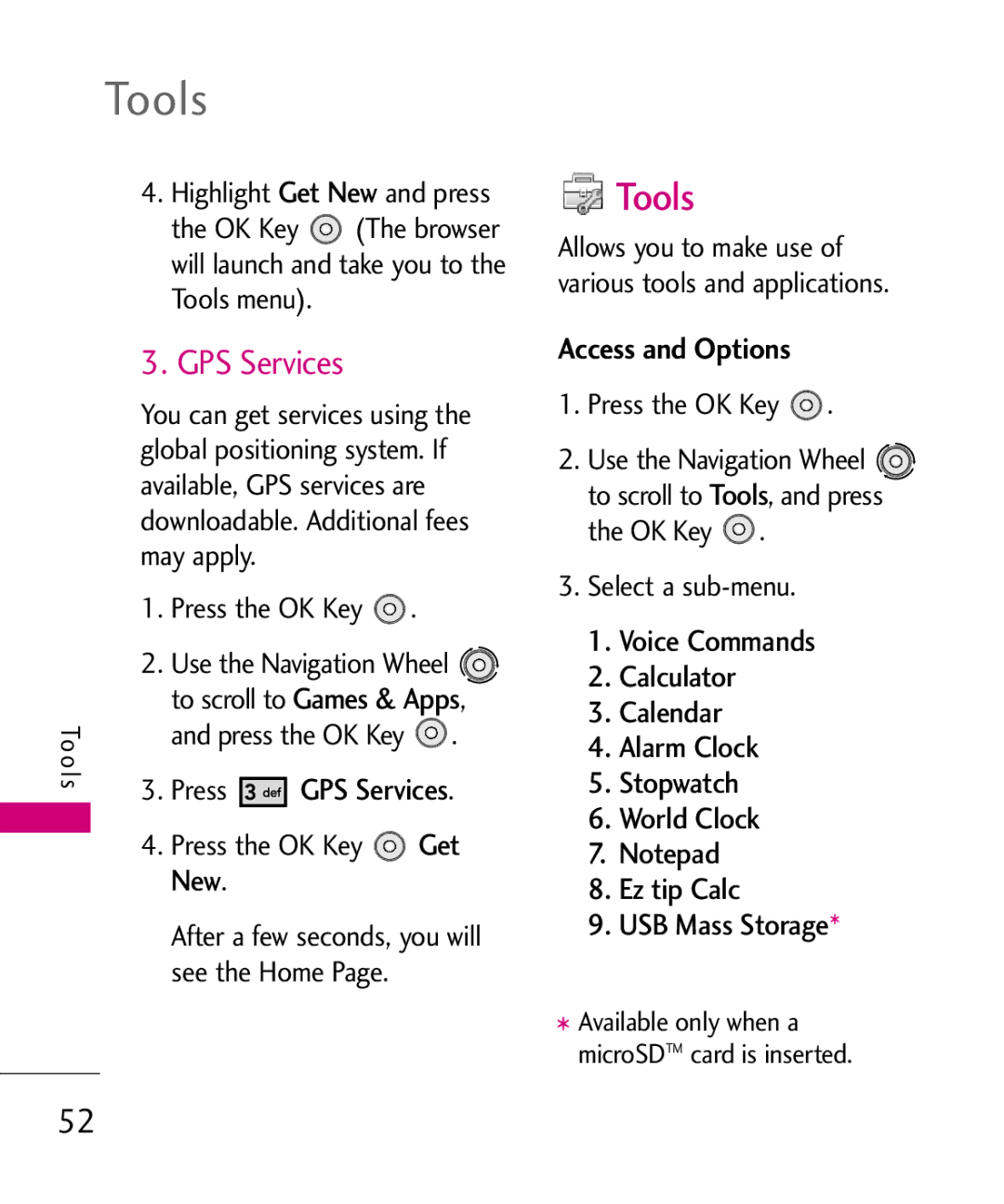 LG Electronics LG 8550 manual Tools, GPS Services, Pr ss the OK Key 