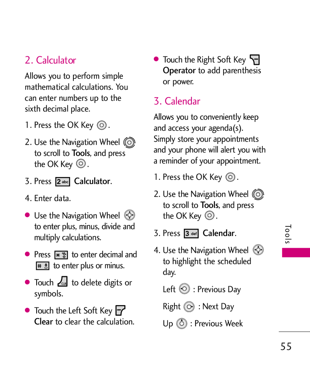 LG Electronics LG 8550 manual Calendar, Press Calculator, Enter data, Or power 