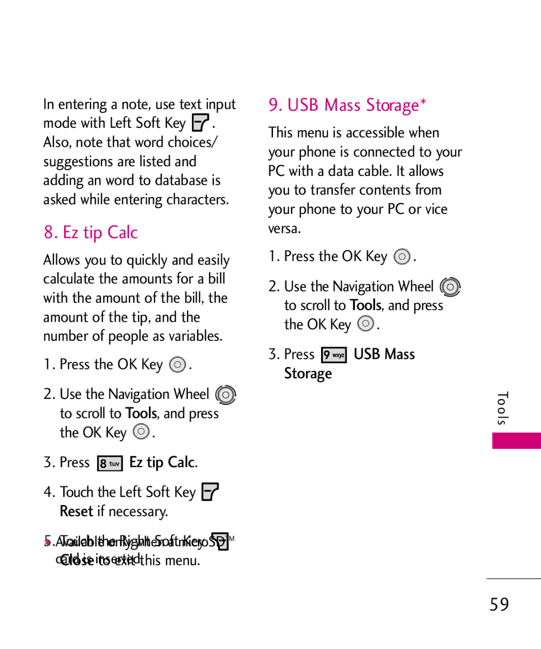 LG Electronics LG 8550 manual USB Mass Storage, Press Ez tip Calc, To scroll to , and press OK Key StoragePress USB Mass 