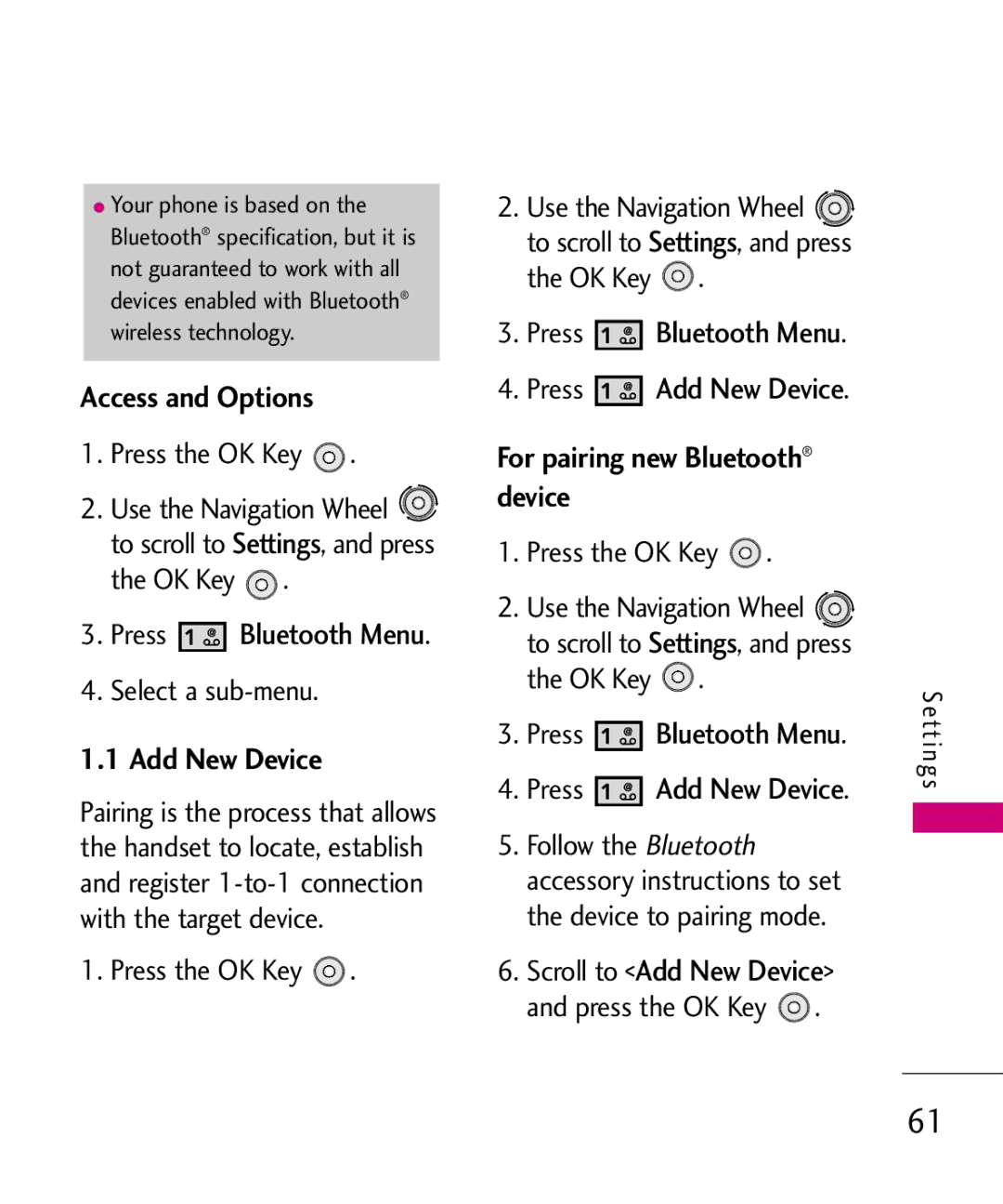 LG Electronics LG 8550 manual Press Bluetooth Menu Press Add New Device, For pairing new Bluetooth device 