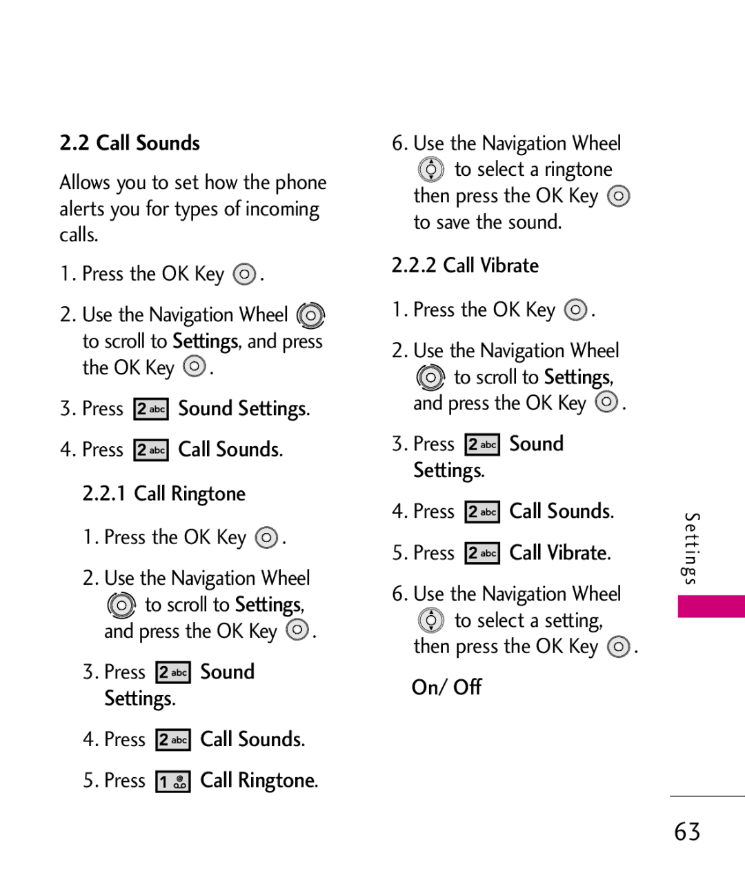 LG Electronics LG 8550 manual Press Sound Settings Press Call Sounds 