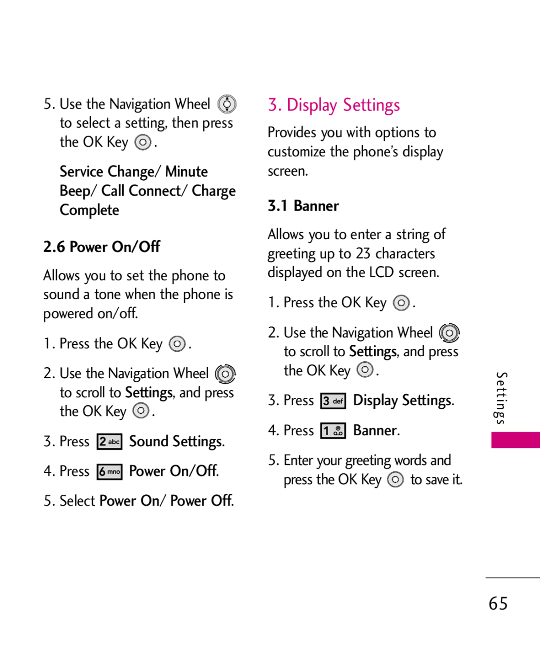 LG Electronics LG 8550 manual Display Settings, Power On/Off, Banner 