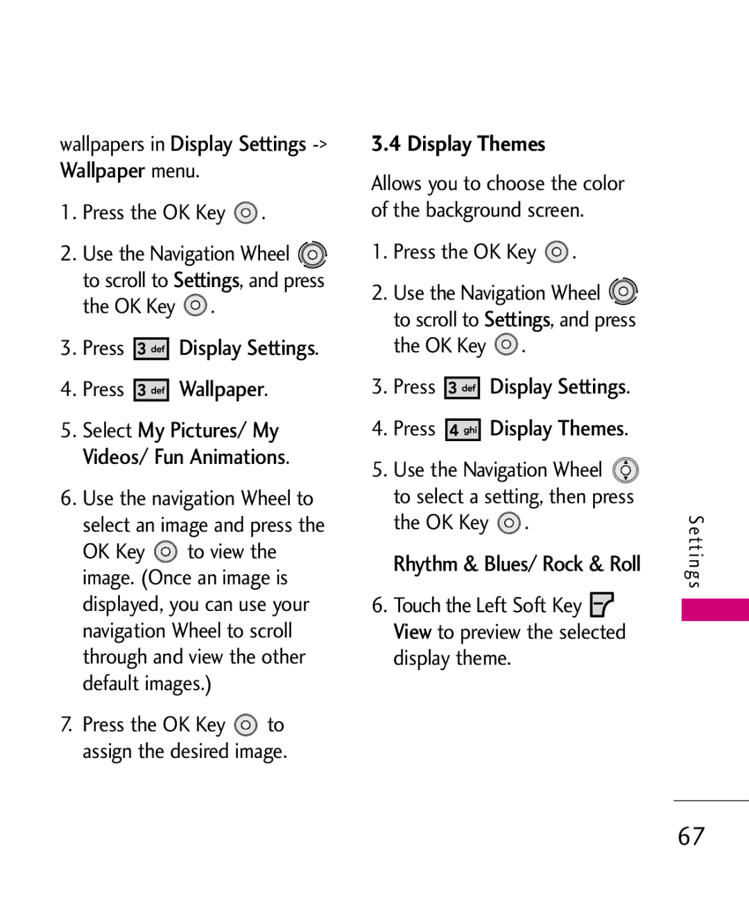 LG Electronics LG 8550 manual Press Display Settings Press Display Themes, Display theme 