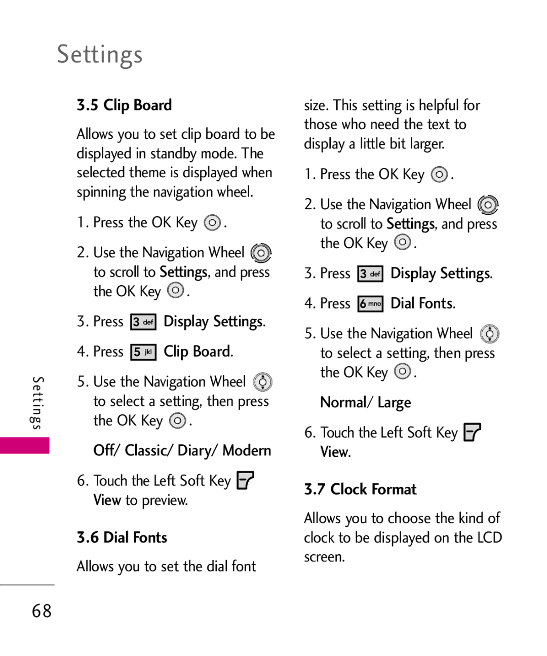 LG Electronics LG 8550 manual Clip Board, Dial Fonts, Clock Format 