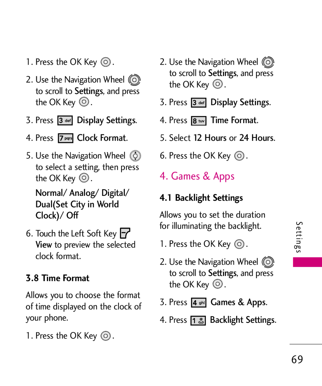 LG Electronics LG 8550 manual Games & Apps, Time Format, Backlight Settings 