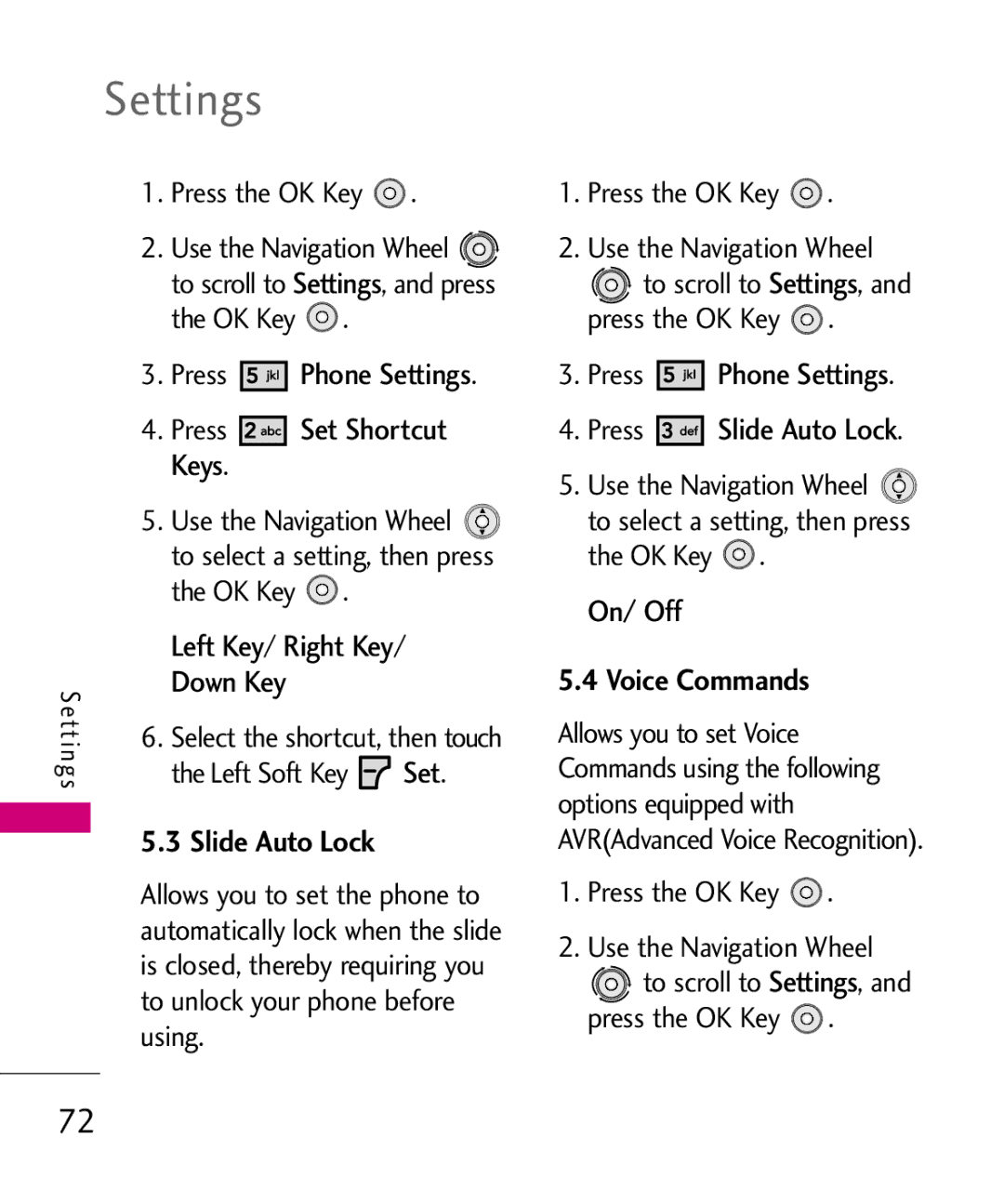 LG Electronics LG 8550 manual Press Phone Settings, Left Key Right Key, Down Key, Slide Auto Lock, Voice Commands 