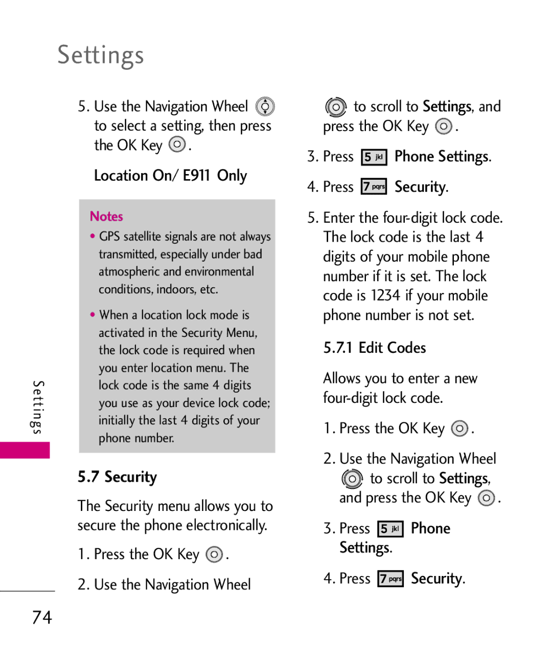 LG Electronics LG 8550 manual Location On/ E911 Only, Settings Phone Security, Press Security 