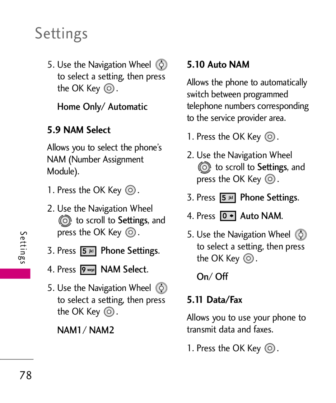 LG Electronics LG 8550 manual NAM Select, Auto NAM, Data/Fax 