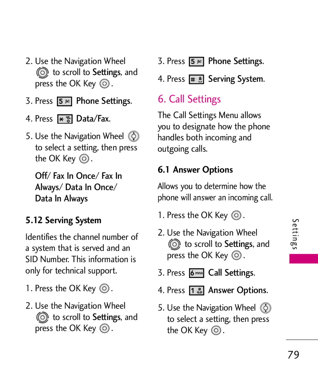 LG Electronics LG 8550 manual Call Settings, Serving System, Answer Options 