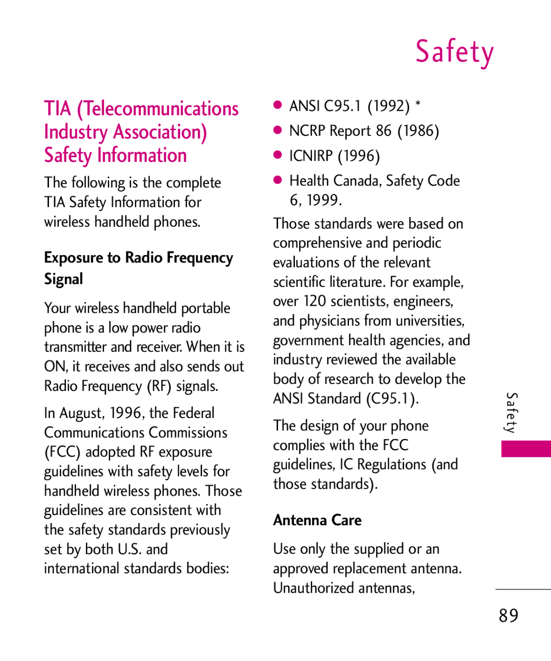 LG Electronics LG 8550 Industry Association Safety Information, TIA Telecommunications, Exposure to Radio Frequency Signal 