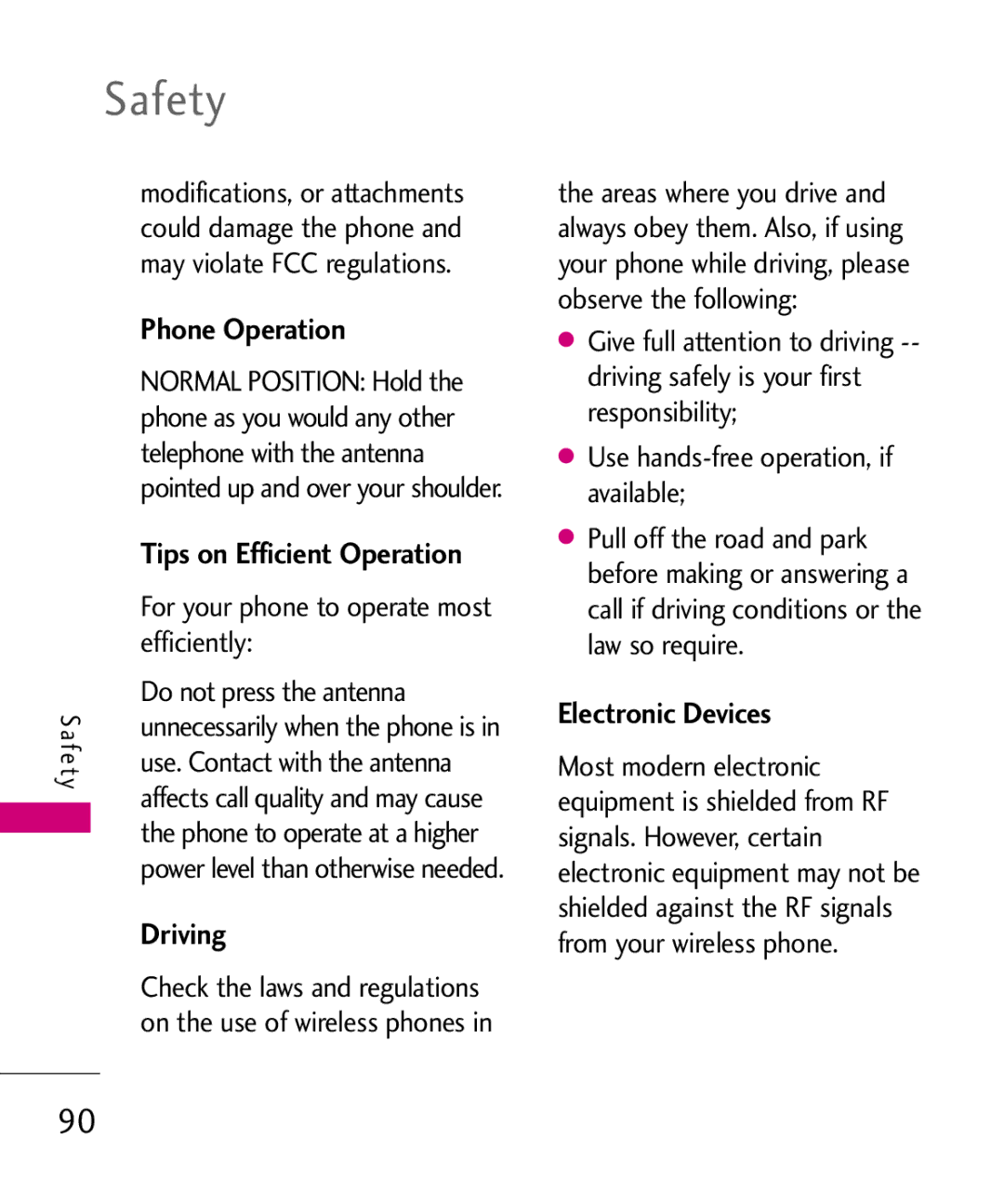 LG Electronics LG 8550 manual Safety, Phone Operation, Tips on Efficient Operation, Driving, Electronic Devices 