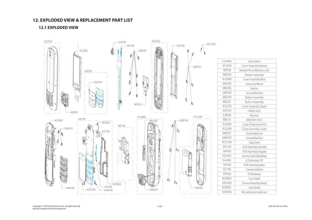 LG Electronics LG-C320 service manual Exploded View & Replacement Part List, 157 