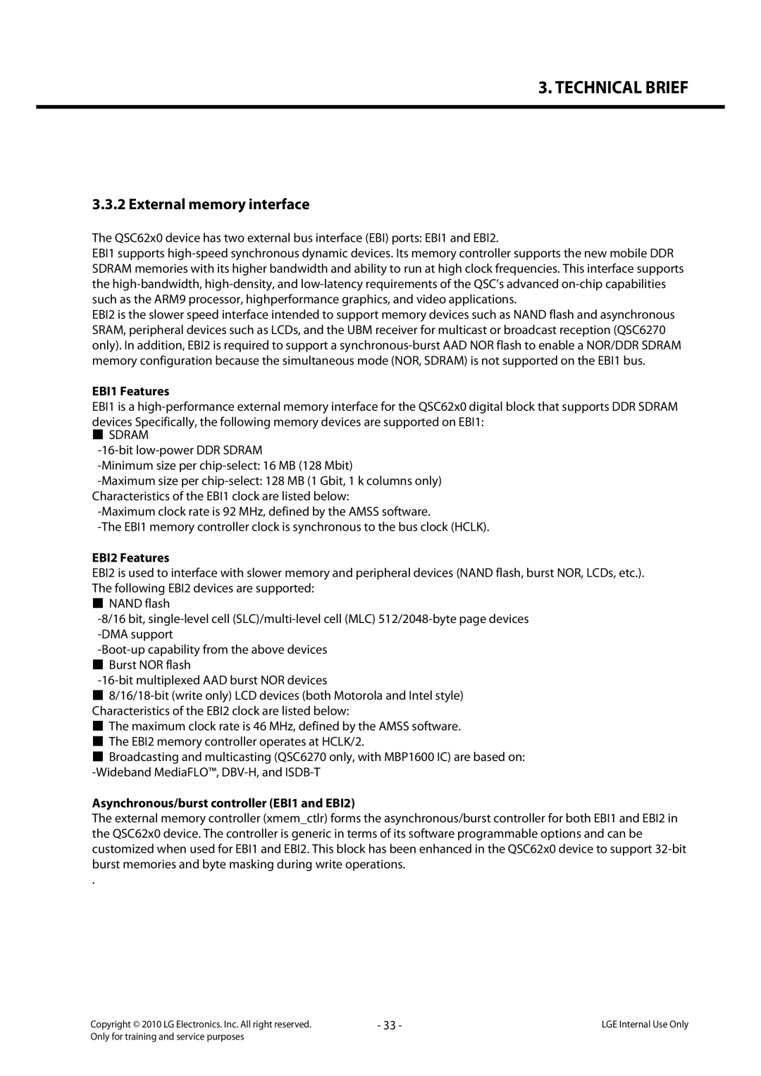 LG Electronics LG-C320 service manual External memory interface, EBI1 Features, Sdram, EBI2 Features 