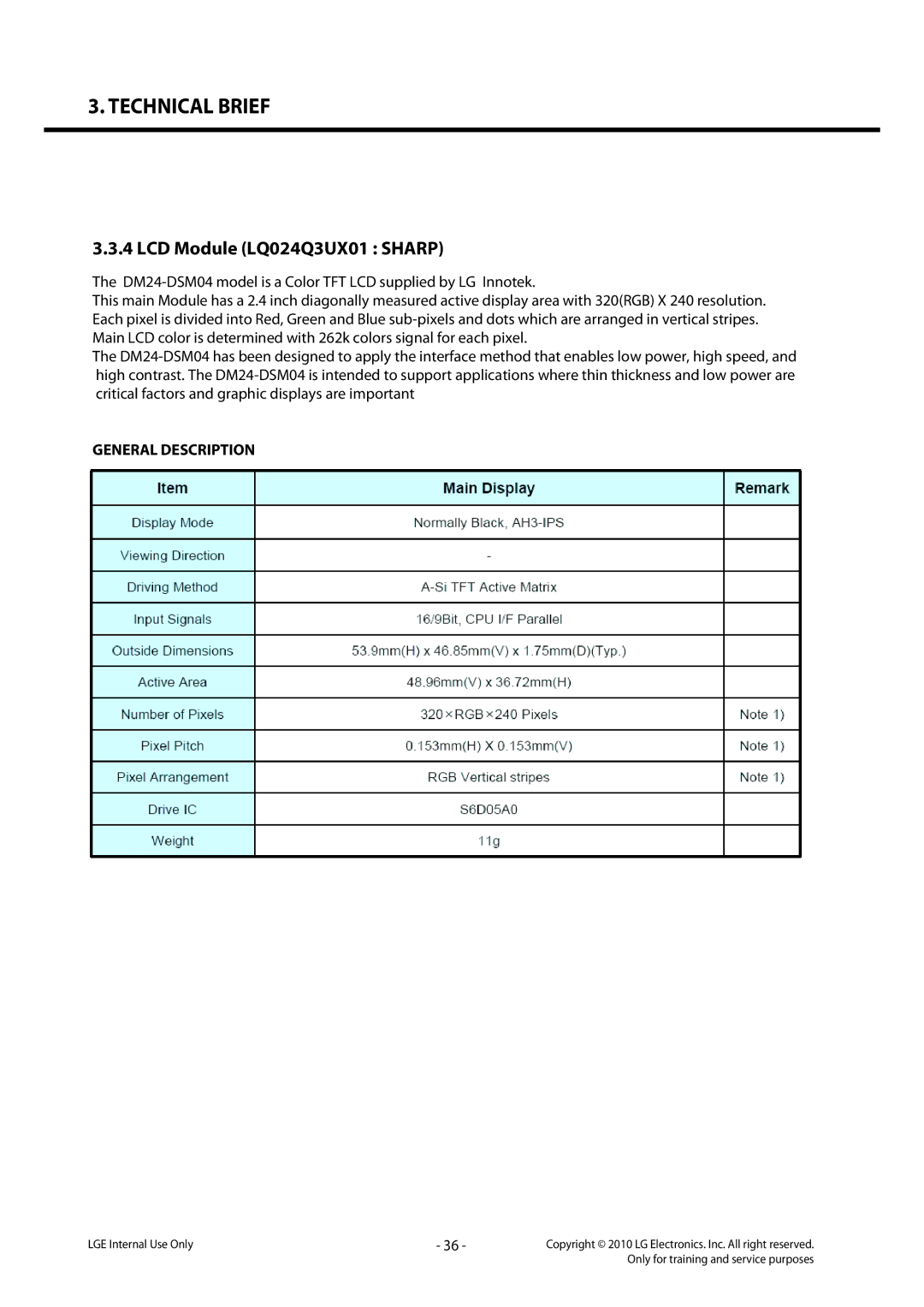 LG Electronics LG-C320 service manual LCD Module LQ024Q3UX01 Sharp, General Description 