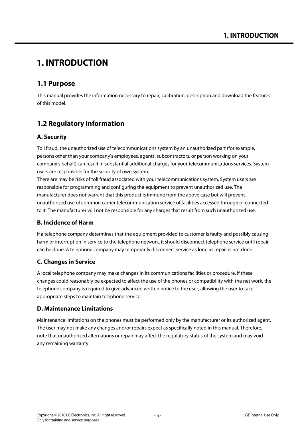 LG Electronics LG-C320 service manual Purpose, Regulatory Information 