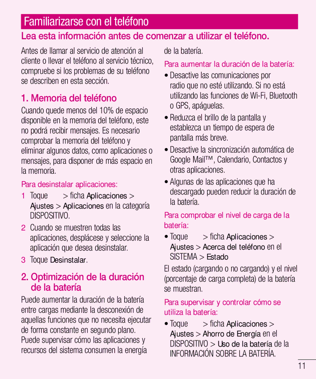 LG Electronics LG-E610 Familiarizarse con el teléfono, Memoria del teléfono, Optimización de la duración de la batería 