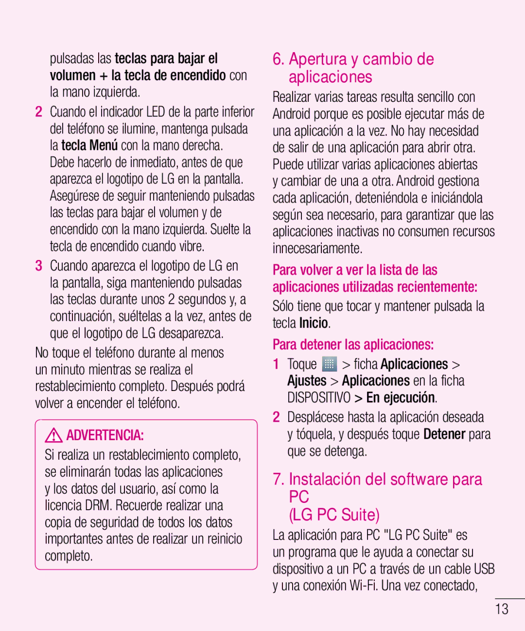 LG Electronics LG-E610 manual Apertura y cambio de aplicaciones, Instalación del software para LG PC Suite 