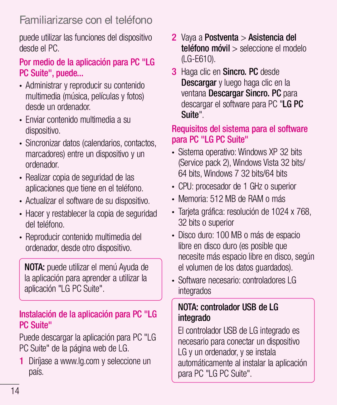 LG Electronics LG-E610 manual Puede utilizar las funciones del dispositivo desde el PC, PC Suite, puede 