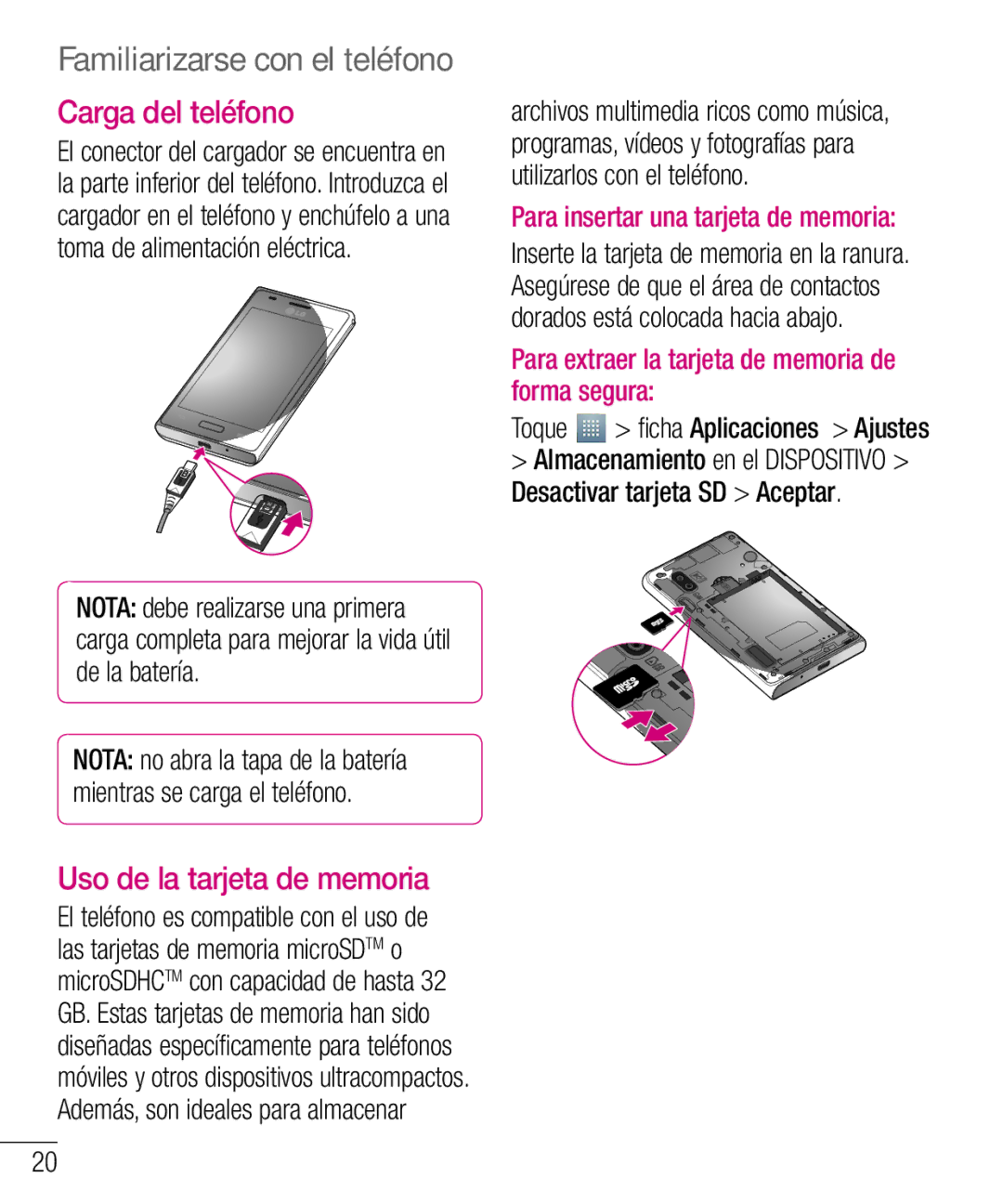 LG Electronics LG-E610 manual Carga del teléfono, Uso de la tarjeta de memoria, Para insertar una tarjeta de memoria 