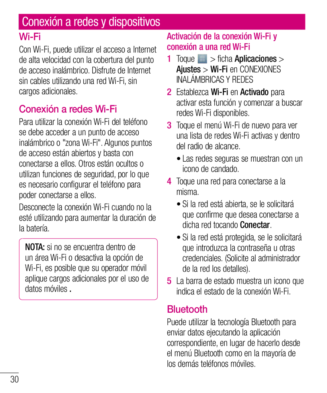 LG Electronics LG-E610 manual Conexión a redes Wi-Fi, Bluetooth, Toque una red para conectarse a la misma 