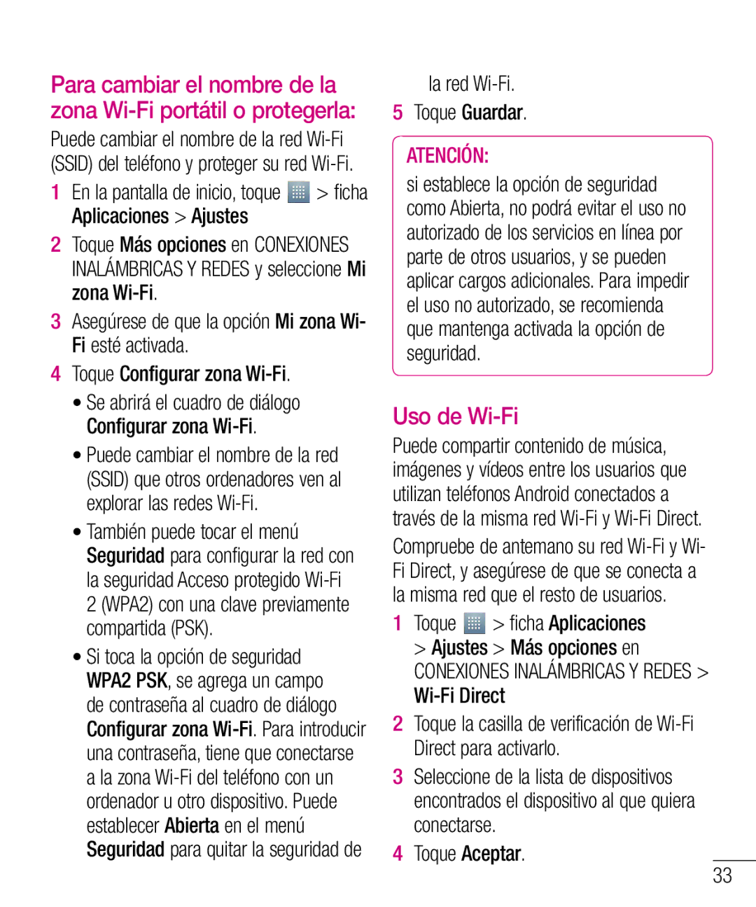 LG Electronics LG-E610 manual Uso de Wi-Fi, En la pantalla de inicio, toque ficha Aplicaciones Ajustes, Toque Aceptar 