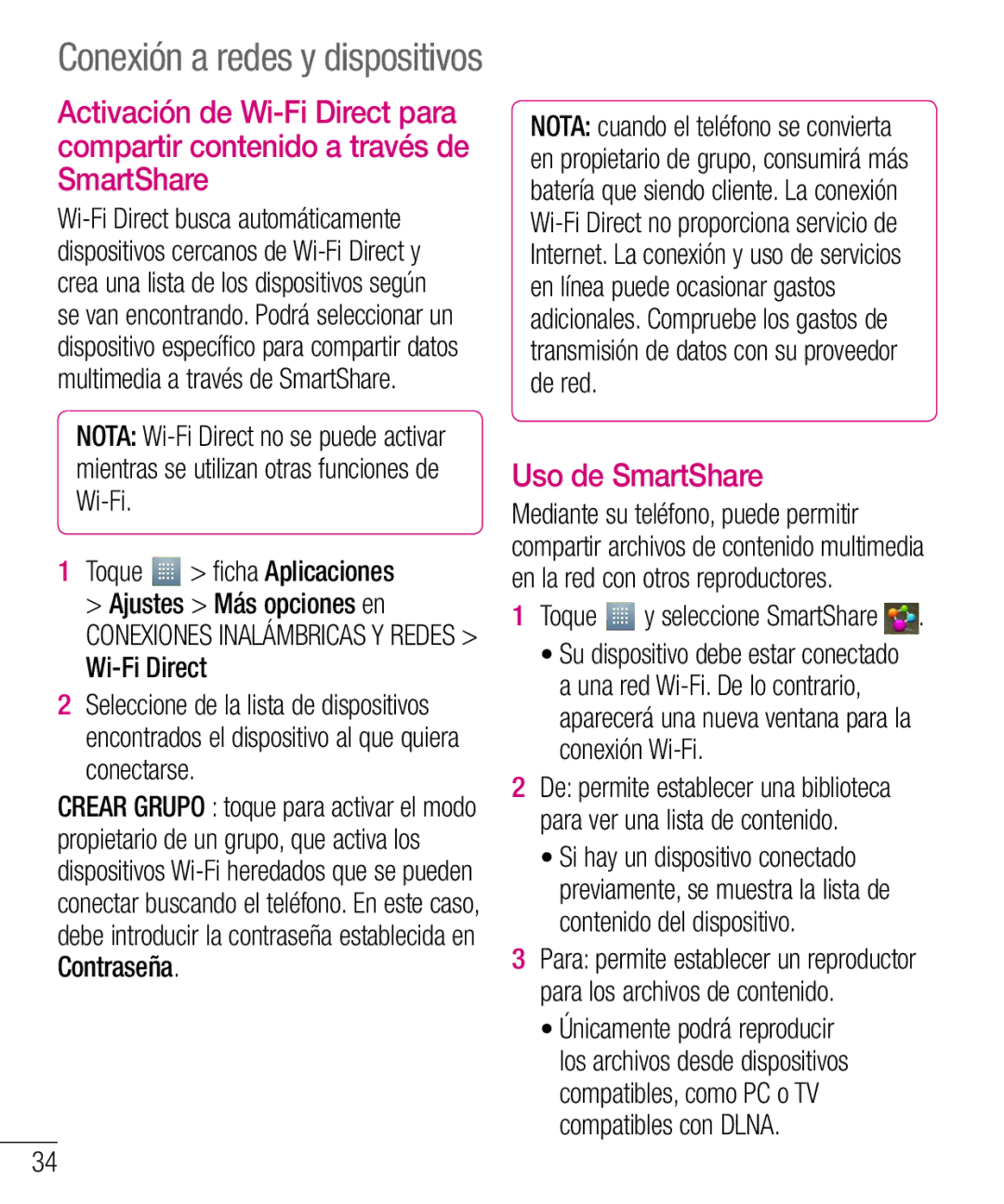 LG Electronics LG-E610 manual Uso de SmartShare, Conexiones Inalámbricas Y Redes Wi-Fi Direct 