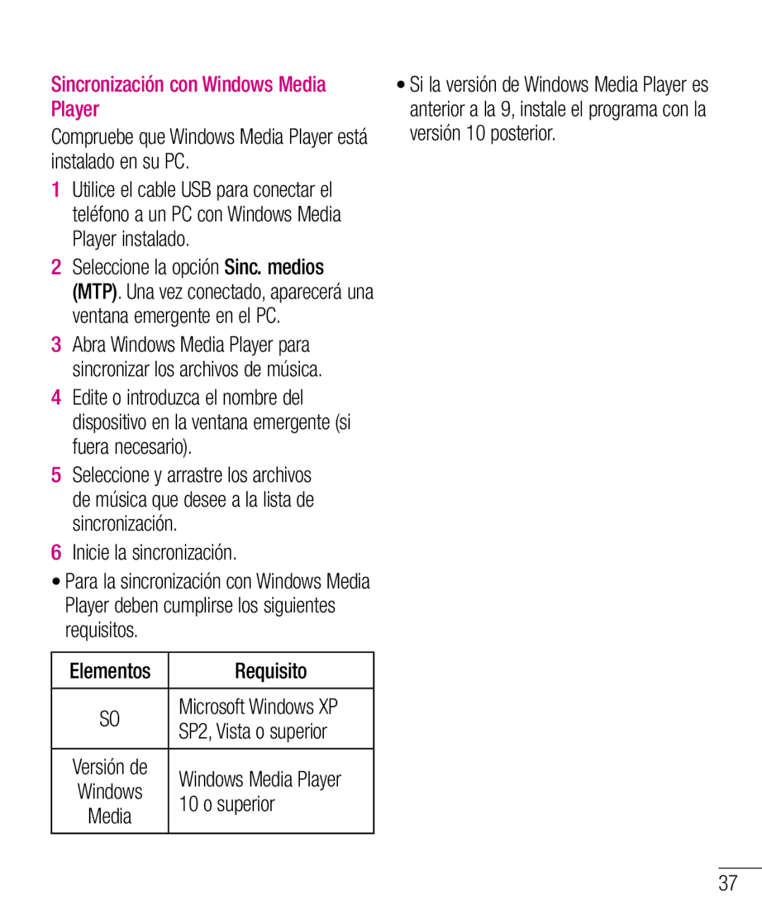 LG Electronics LG-E610 manual Sincronización con Windows Media Player 