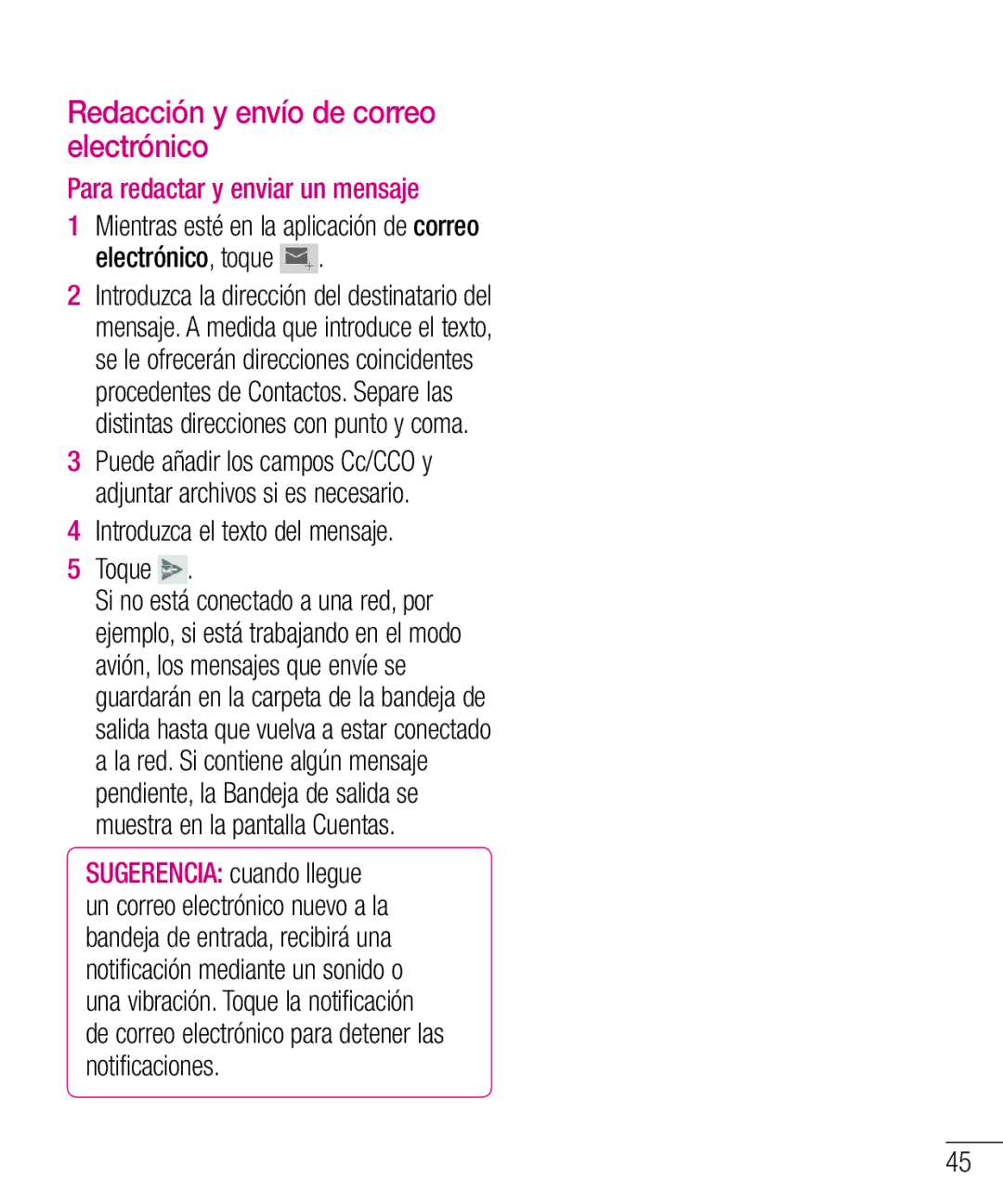 LG Electronics LG-E610 manual Redacción y envío de correo electrónico, Para redactar y enviar un mensaje 