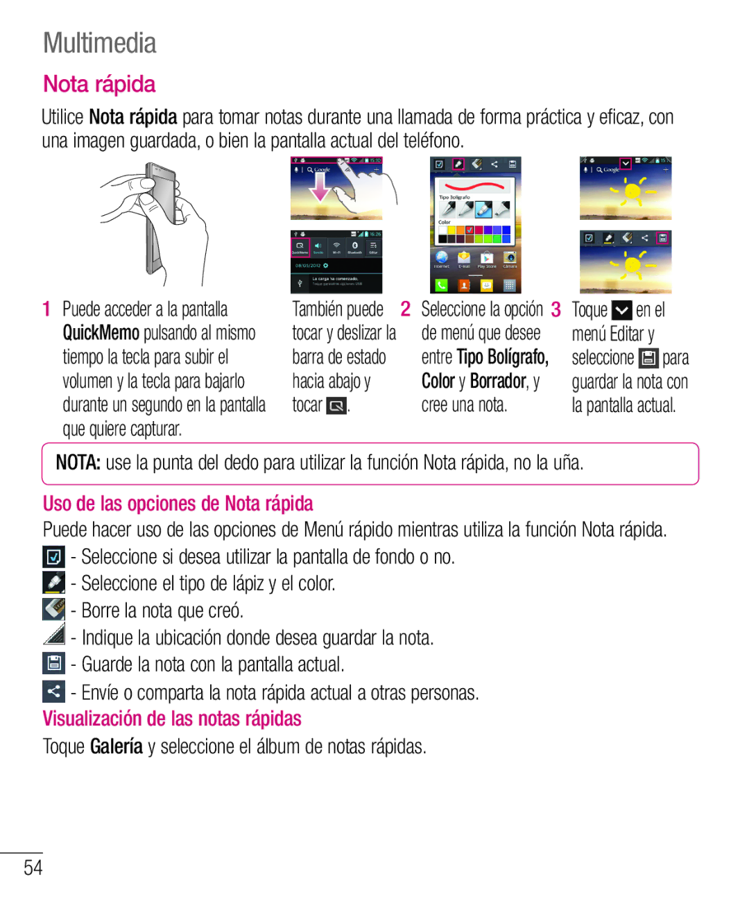 LG Electronics LG-E610 manual Multimedia, Uso de las opciones de Nota rápida 