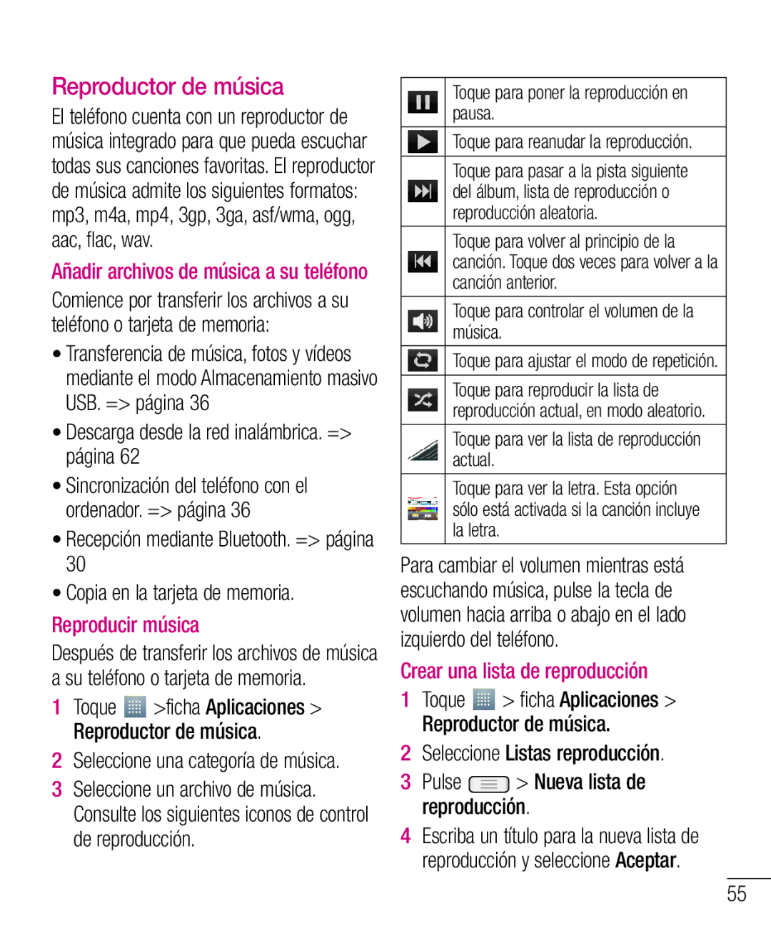 LG Electronics LG-E610 manual Reproductor de música, Descarga desde la red inalámbrica. = página, Reproducir música 