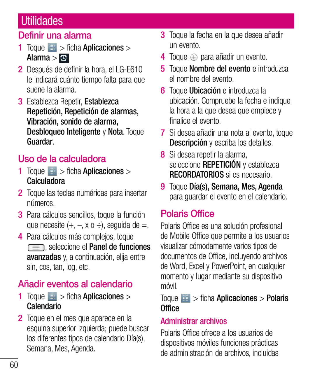 LG Electronics LG-E610 Utilidades, Definir una alarma, Uso de la calculadora, Añadir eventos al calendario, Polaris Office 