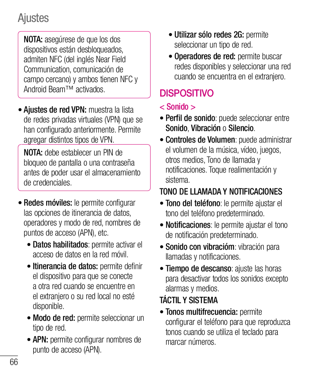 LG Electronics LG-E610 manual Modo de red permite seleccionar un tipo de red, Sonido, Táctil Y Sistema 