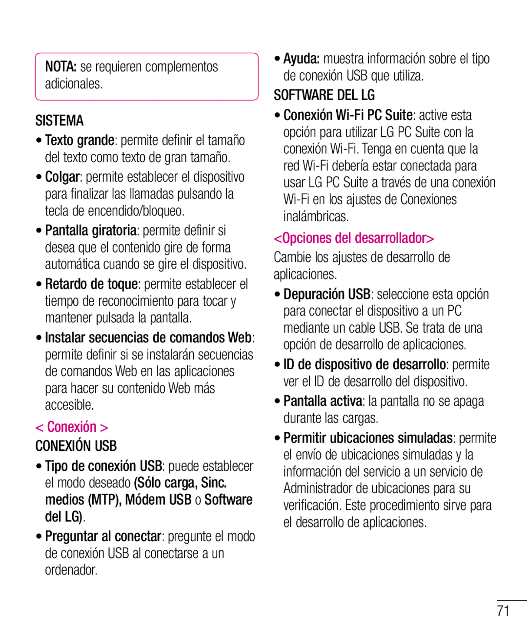 LG Electronics LG-E610 manual Sistema, Conexión USB, Software DEL LG, Opciones del desarrollador 