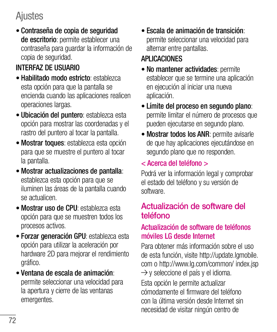 LG Electronics LG-E610 Actualización de software del teléfono, Interfaz DE Usuario, Aplicaciones, Acerca del teléfono 